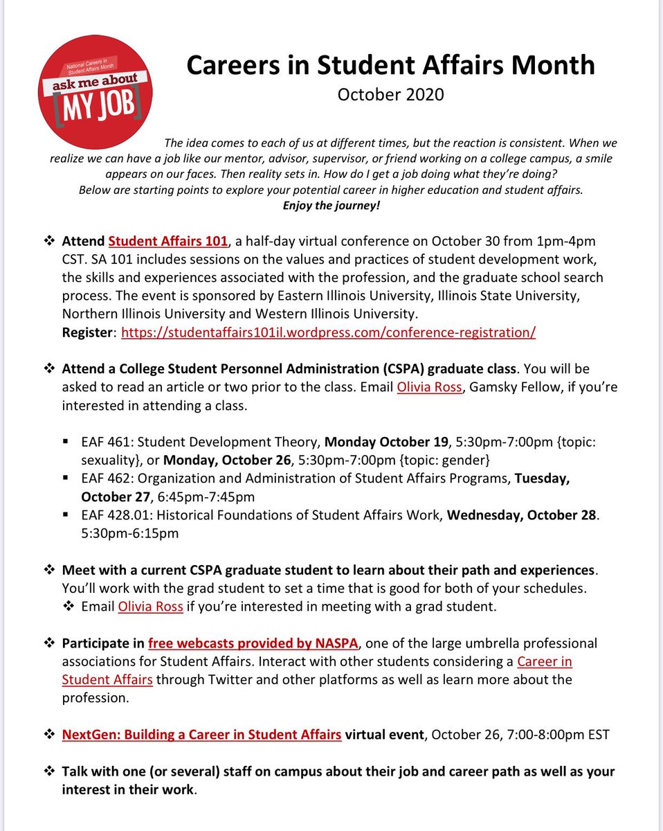 Just some reminders about different Student Affairs events happening this week! #CareersinStudentAffairsMonth #cspa #studentaffairs