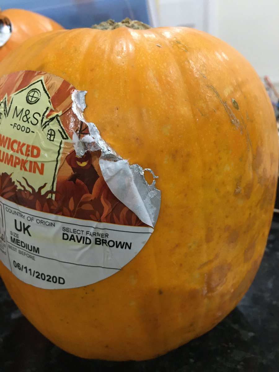 kitchencrumbs's tweet photo. @marksandspencer bought 2 pumpkins today, amazing value! But they have horrible stickers on them that take ages to come off and then leave a sticky residue. The sticker is a paper/silver foil hybrid that I’m guessing can’t be recycled either. I guess that’s what you get for 65p. https://t.co/4ml50mVa27