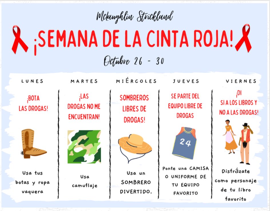 Can’t wait to see our tigers celebrating Red Ribbon Week! Let’s have some fun while highlighting the importance of living a drug free life. ❤️🐯 #wearemcstrick #tigerpride #cfbisd #redribbonweek #fun