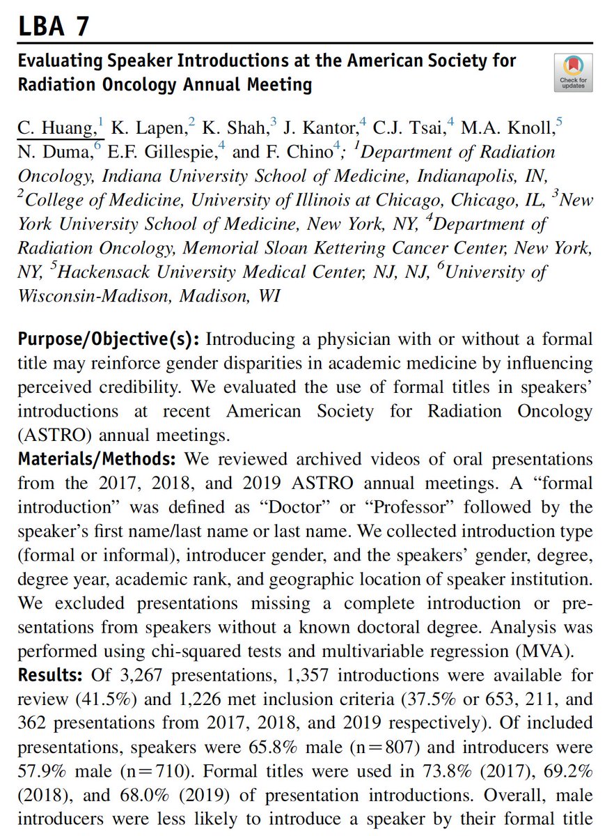 This study evaluated the behavior of those who might believe that a more colloquial environment at ASTRO meetings fosters better networking and learning. It looked for gender bias and was accepted as a Late-Breaking Abstract. THREAD/  #ASTRO20