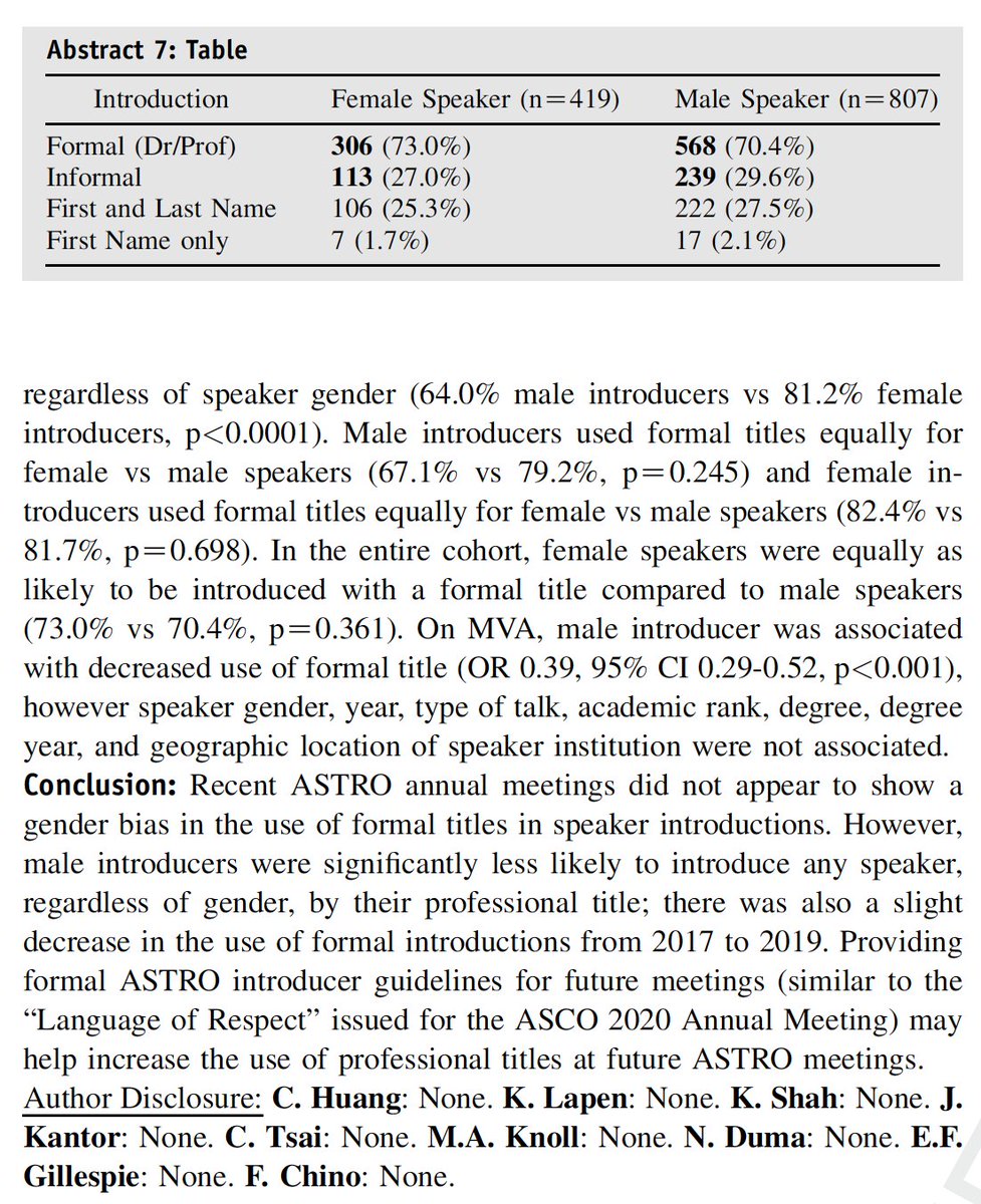 This study evaluated the behavior of those who might believe that a more colloquial environment at ASTRO meetings fosters better networking and learning. It looked for gender bias and was accepted as a Late-Breaking Abstract. THREAD/  #ASTRO20