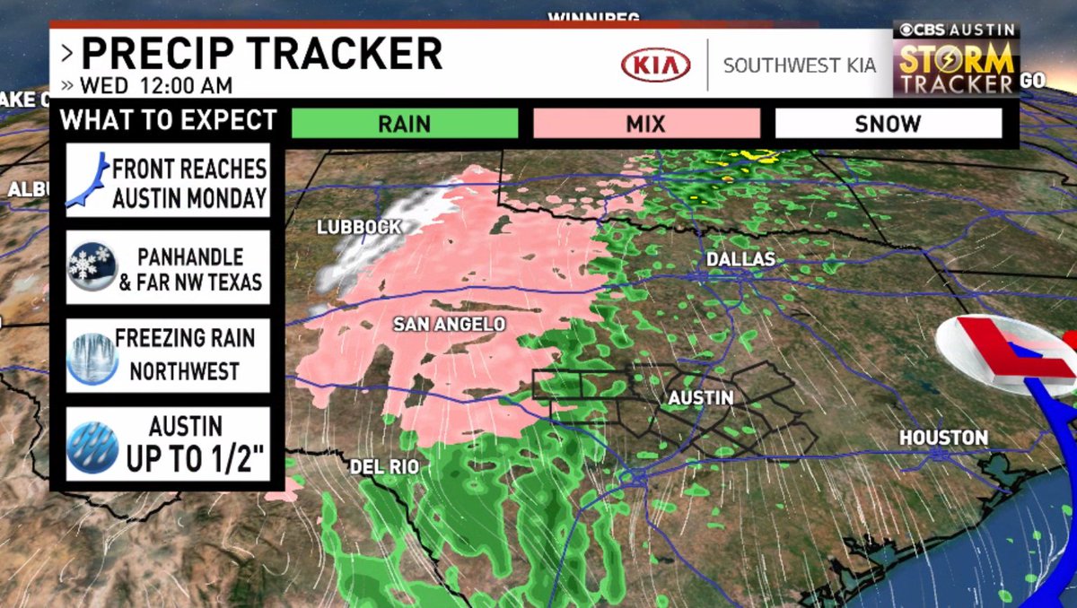 ChikageWeather's tweet photo. The Arctic front heading our way may make for some icy weather and treacherous road conditions to our north and west the next couple days. All rain for #Austin, but to our north and west, is could be a mess. #WinterInOctober #txwx #atxwx #cbsaustinwx https://t.co/NsCQkqJ6dr