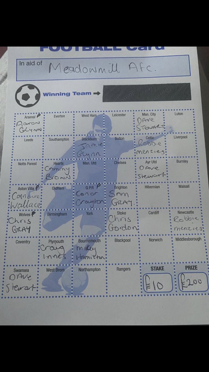 MeadowmillAFC's tweet photo. We are looking to purchase new training kits for all of the team.  We are selling the following football ticket to assist with some of the funds required.

£10 per team, winning team wins £200. 

If you’d like a shot get in contact with the page or any of the players 👍🏼👏🏻 https://t.co/ATg6jtQ1ER