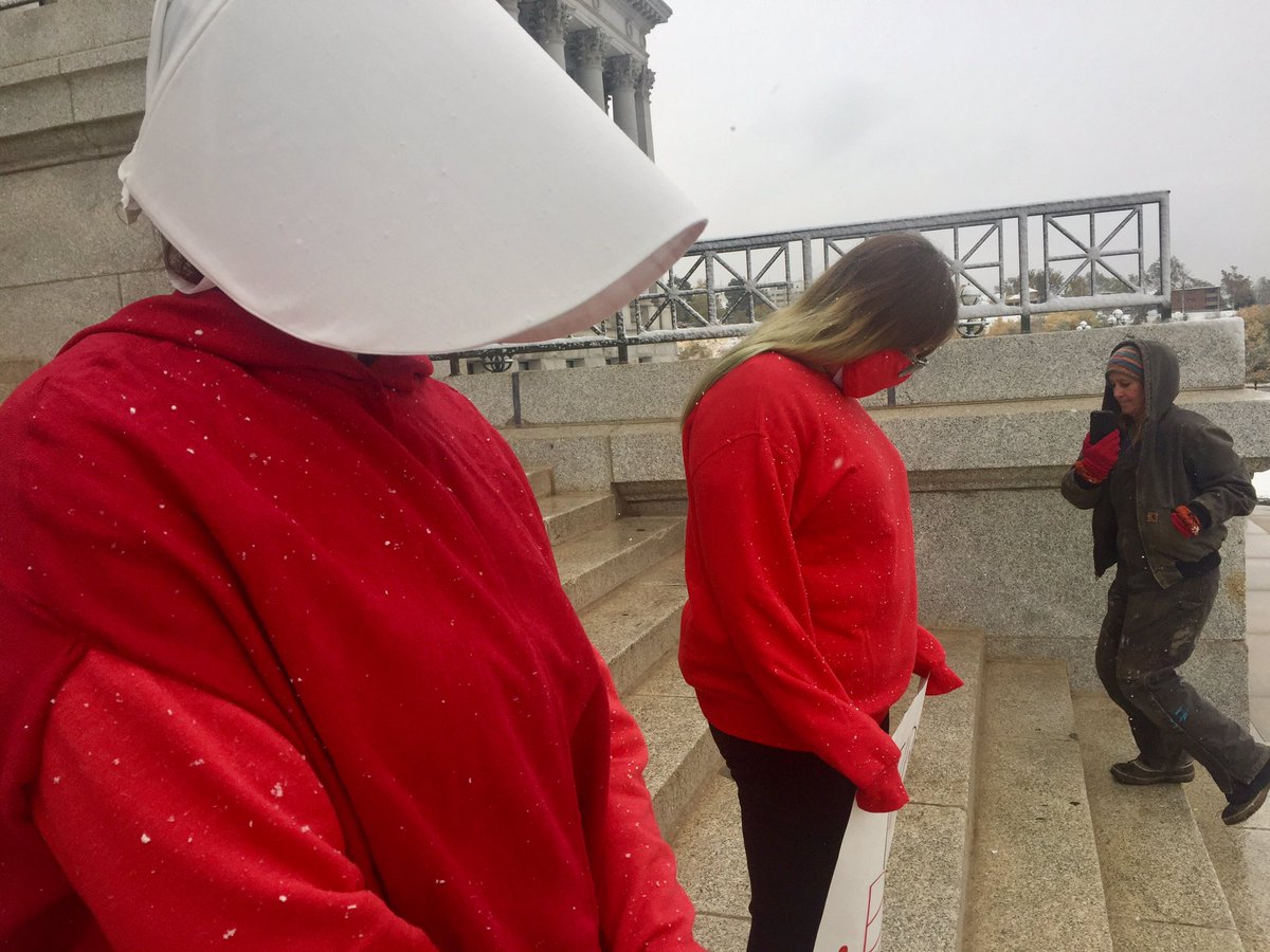 EnriqueLimon's tweet photo. Taking a page out of @MargaretAtwood, a 'red cloak protest' for women's rights is underway at the Capitol this snowy morning. Praise be #utpol #slcprotests https://t.co/WisB89dNhf