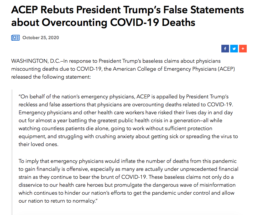 MKleinMD's tweet photo. American College of Emergency Physicians condemns @POTUS' attempt to discredit doctors as "misinformation which continues to hinder our nation’s efforts to get the pandemic under control and allow our nation to return to normalcy.” https://t.co/T6jO4u6saq