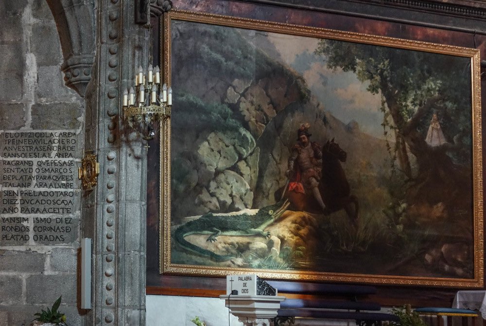 I found an ex voto crocodile preserved and encased in a glass box inside Ávila Cathedral. This one apparently nearly killed a Spanish man but thanks to st Mary intervening he was able to kill the crocodile. Taxidermy was very new then and crocs were the easiest to preserve.