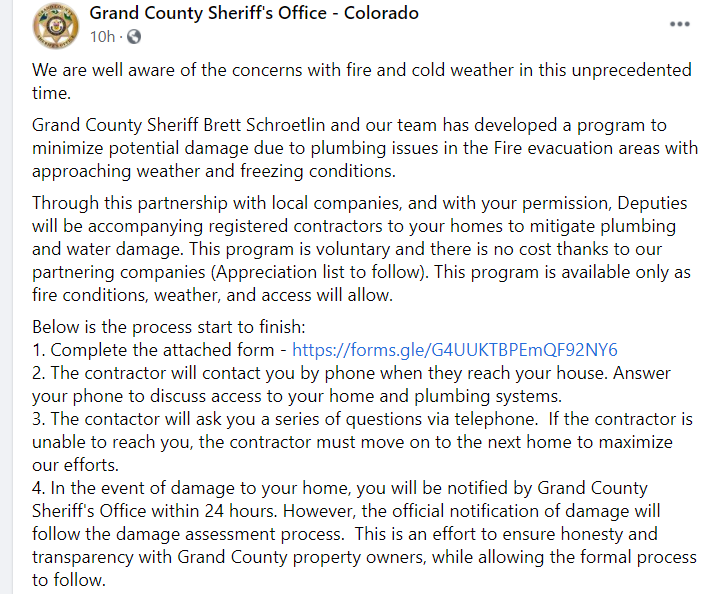 CEDRdigital's tweet photo. #GrandCO residents concerned about frozen pipes in evacuated homes, a program is set up to help minimize potential damage, learn more at the link about the program and the link to sign up: https://t.co/BQAklBmCU0
#EastTroublesomeFire #ColumbineLake #HotSulphurSpringsCO https://t.co/eQ3wbx9cuc