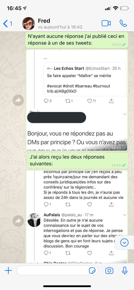 Je reçois alors soudain toute une série de captures d’écran de cette même personne en DM qui me poste une conversation où elle parle en vert (avec une amie)Je vous laisse apprécier le « classée connasse » et « sale pouffe »