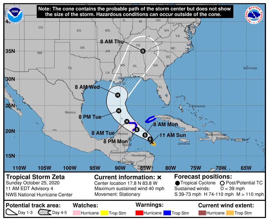 NWSColumbia's tweet photo. Tropical Storm Zeta is forecast to become a hurricane in The Gulf of Mexico and make landfall on the Northern Gulf Coast Wednesday. Moisture from Zeta's remnants is forecast to impact The Midlands and CSRA Wednesday Night through Thursday with showers and thunderstorms. https://t.co/ArHlmMevCA