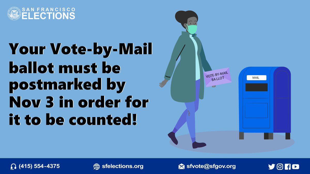 SFElections's tweet photo. Nov 3 #SFElectionReady Tips: Ready to return your Vote-by-Mail ballot? If you're using a blue USPS mailbox, be sure to check mail pickup times. Your ballot must be postmarked by Nov 3 in order for it to be counted! #SFElections #vote #VoteSafeCA #VoteEarly #VoteSF #VoteReady https://t.co/6FZ56ajMyL