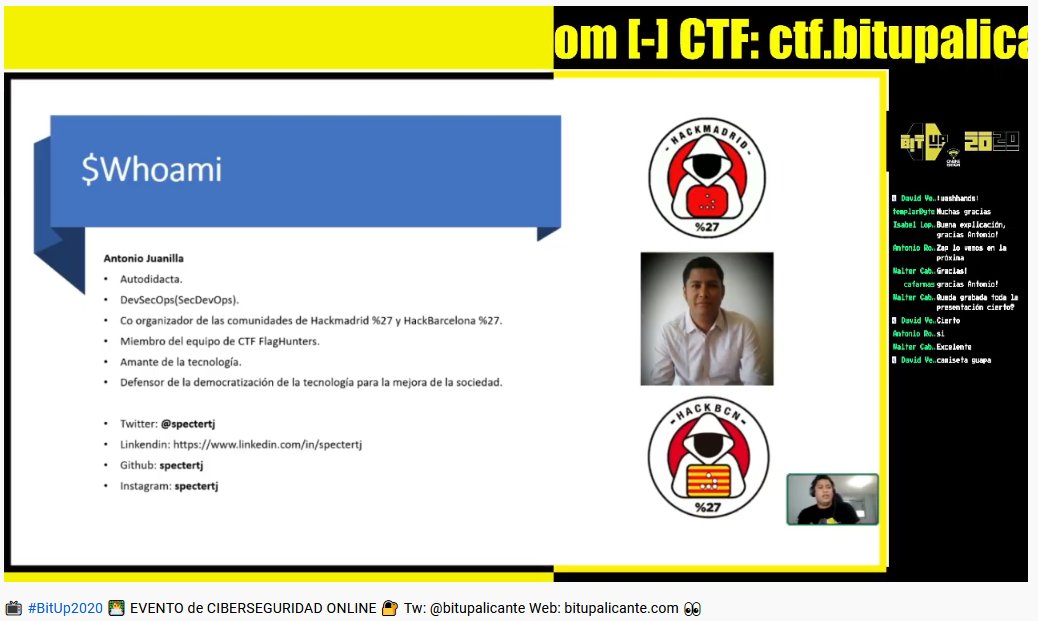 bitupalicante's tweet image. Penúltima charla de #Bitup2020 con Antonio Juanilla (@spectertj) y su charla: SecDevOps durante coronavirus y cuarentena

▶️youtube.com/bitupalicante

#ciberseguridad