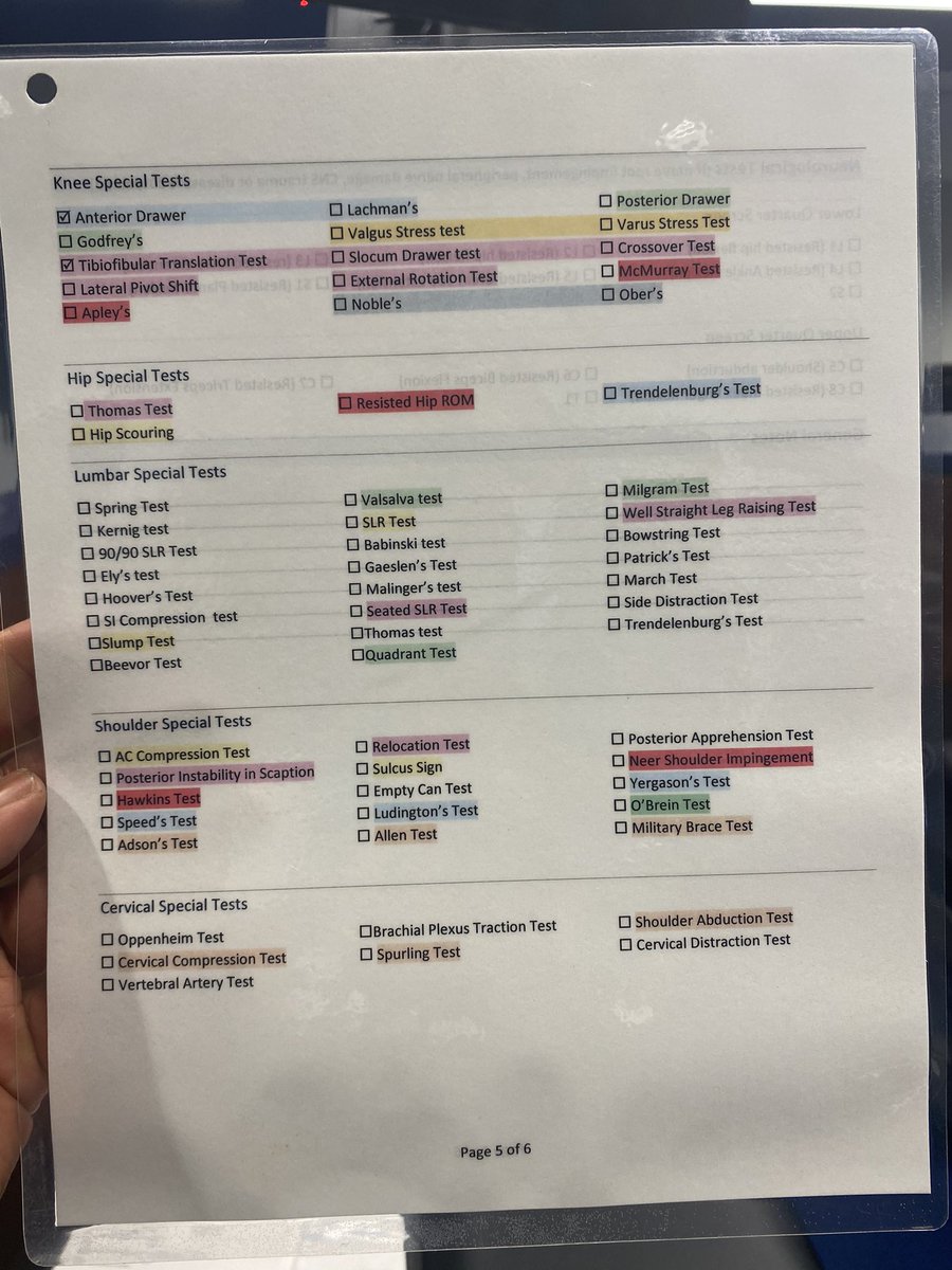 I have special tests that have statistical significance for each joint listed and are color coded by determination. For example, in the shoulder all anterior instability tests may be in yellow and all Rotator cuff test are in red. 2 of 3