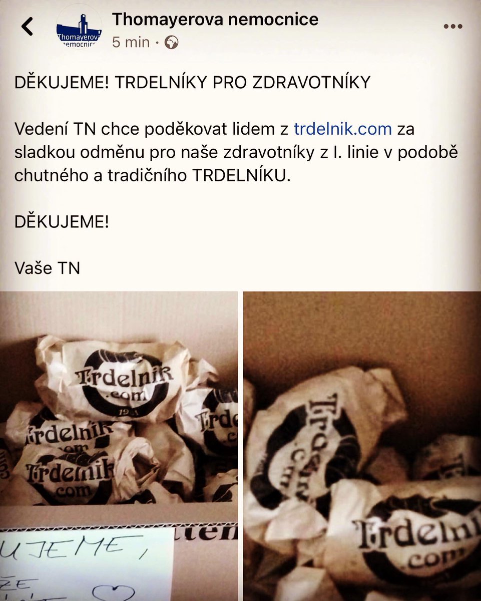 TrdelnikC's tweet photo. 🏥Tento týden jsme měli tu čest přivést podporu v podobě našich Trdelníků do
@thomayerovanemocnice
@NaHomolce 
@ikemcz 
@nemocniceprachatice
🤍🧡
V těchto těžkých časech nejste sami 💪🏼🍀 #spolutozvladneme https://t.co/Rzm3vXT27E