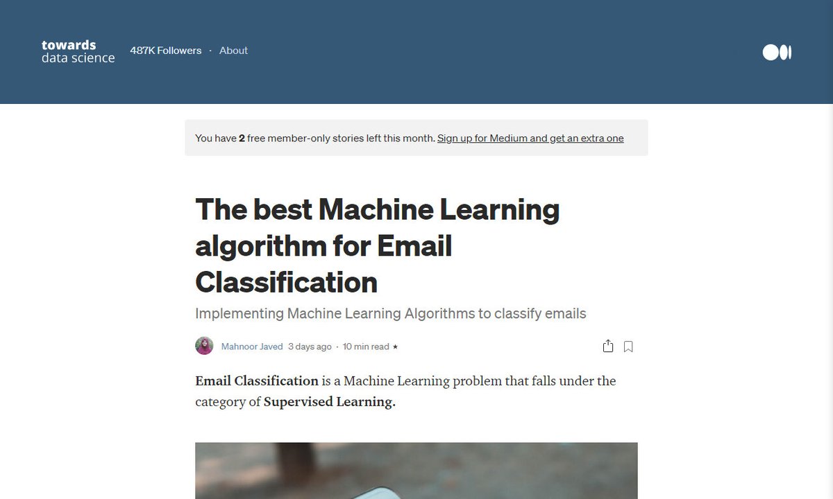 MailMinds's tweet image. The best Machine Learning algorithm for Email Classification
#classes #svmalgorithm #time #accuracy #trainingdata #emailmarketing
via towardsdatascience.com
☛ amp.gs/Wf2b