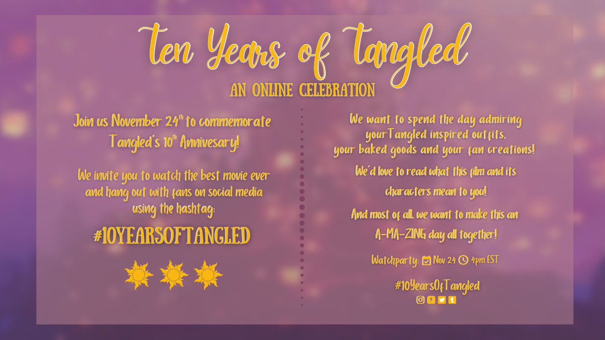 Hello #Tangled fans! Let's make November 24 a big, big day using the hashtag #10YearsOfTangled and showing our love and appreciation for this movie ♥
<a href="/starryrapunzel/">val ☀️🍳 | watch tangled the series</a> and I are so happy to invite you to flood social media with Tangled content!! ♥