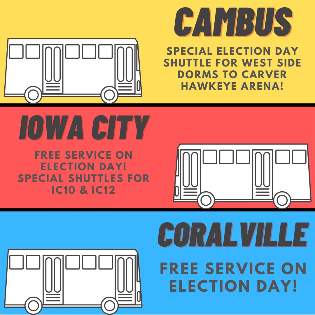 We need to take a moment to thank <a href="/uiowacambus/">UIowa CAMBUS</a>, <a href="/CityOfIowaCity/">City of Iowa City</a> Transit, and <a href="/Coralville_IA/">Coralville Iowa</a> Transit for their incredible effort to make Election Day more accessible for voters! We appreciate your support! Check out what their doing: #JoCoVotes20