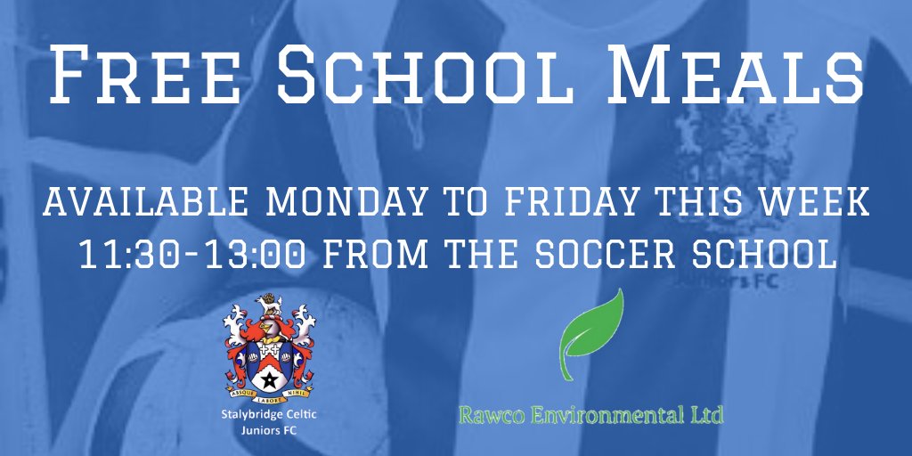 Free school meals for any families who need them during half term

Monday-Friday 11:30-13:00
Stalybridge Celtic Juniors Soccer School
Mossley Rd, Ashton-under-Lyne OL6 9DQ

<a href="/MarcusRashford/">MR14</a> #ENDCHILDFOODPOVERTY #FreeSchoolMeals #AllOfUsTogether #stalybridge #tameside #celticfamily