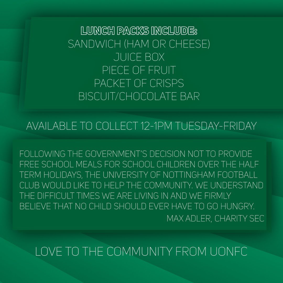 Having been inspired by <a href="/MarcusRashford/">MR14</a> efforts to provide food for those in need, we are proud to announce our partnership with St. Paul's RC Church (Lenton Boulevard) to offer free school lunches to eligible children during this half term week. 1/2