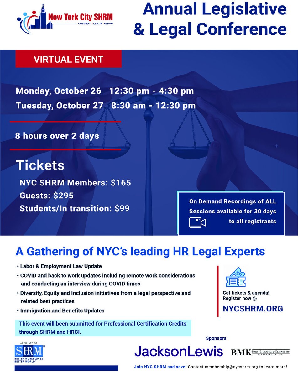 NYC SHRM Legal and Legislative Conference 2020
Join us on Oct 26 and 27 to learn about the latest news in employment law. Register now to be enrolled in one of our most popular events of the year!  #NYCSHRM  #NYCSHRM2020  #HR  #HRwebinar  #employmentlaw  hrmfv.co/3as7