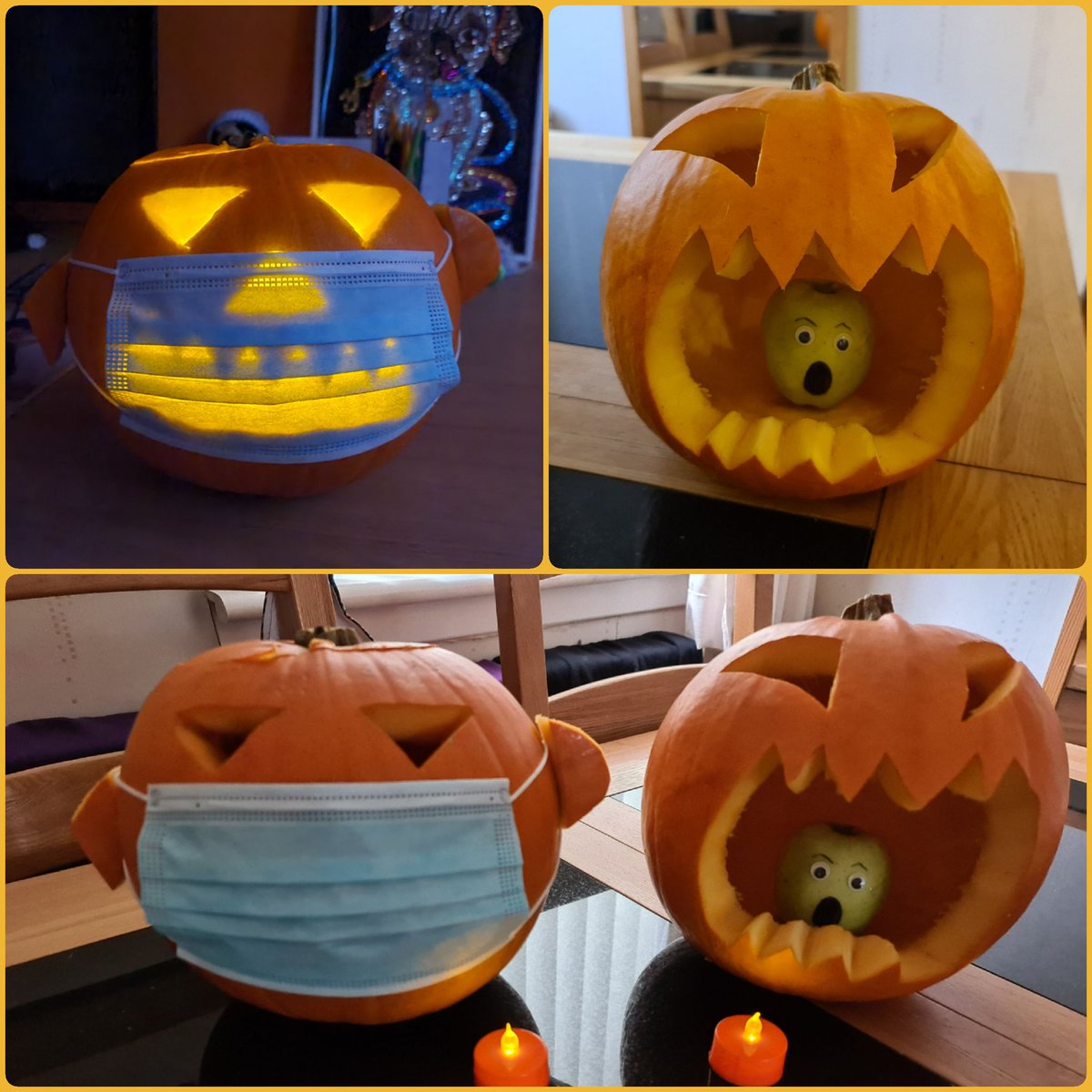 WeeSus12's tweet photo. Fun family afternoon doing our pumpkins! Rhys's own idea and design for the "covid pumpkin". I love them so much lol  #halloween2020 #covidpumpkin #pumpkinfun🎃😷😂 @BridgetPrimary @DARKCASPER29 https://t.co/MEFlNLHks2