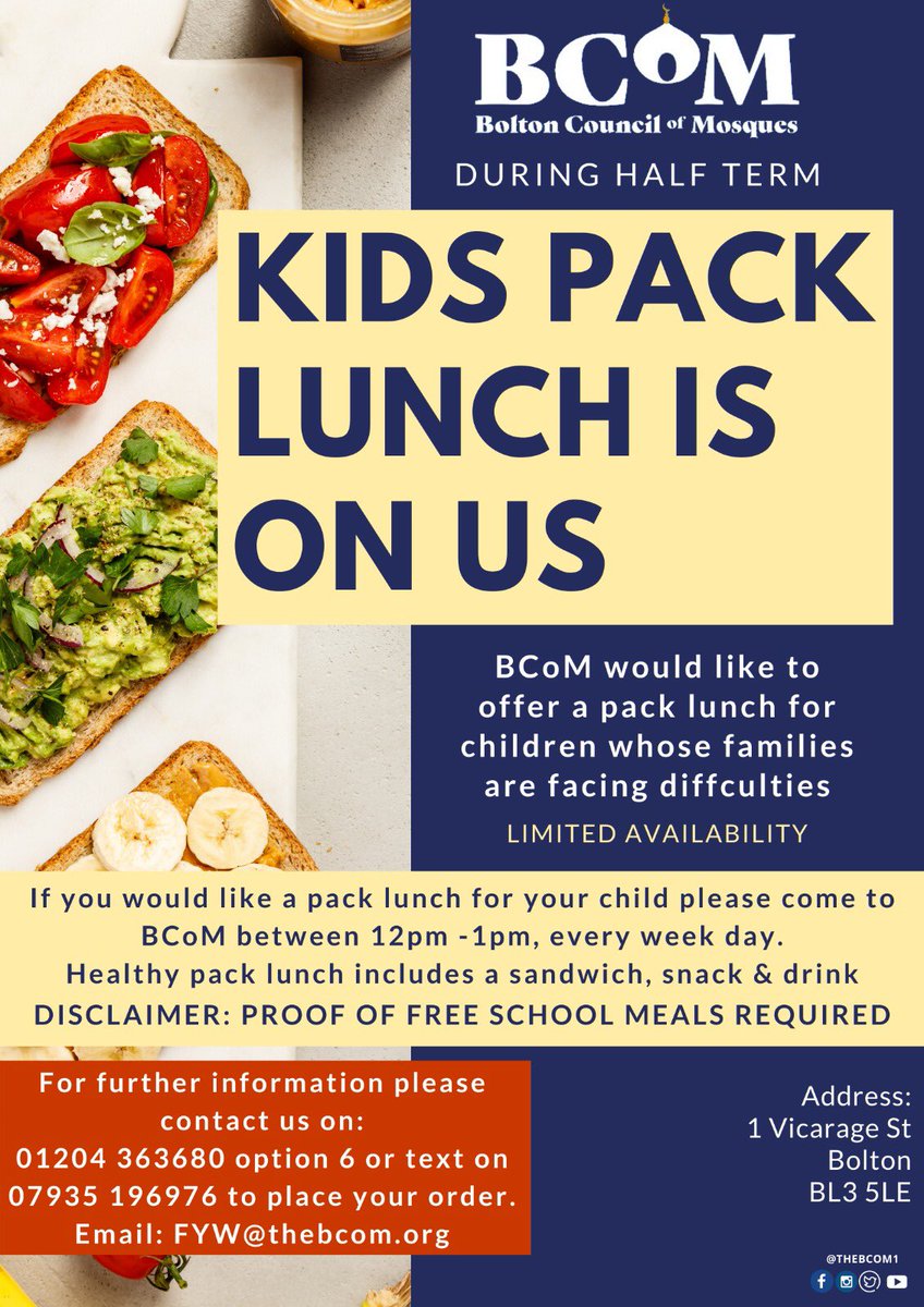 THEBCOM1's tweet photo. Kids pack lunch is on us. Call BCoM on 01204 363680 option 6 to reserve a lunch pack. #kids #lunch #halfterm
 @TheBoltonNews @boltoncouncil
@boltonnhsft
@boltoncvs                      @PrimaryCareNHS https://t.co/CqkPjzPu6b