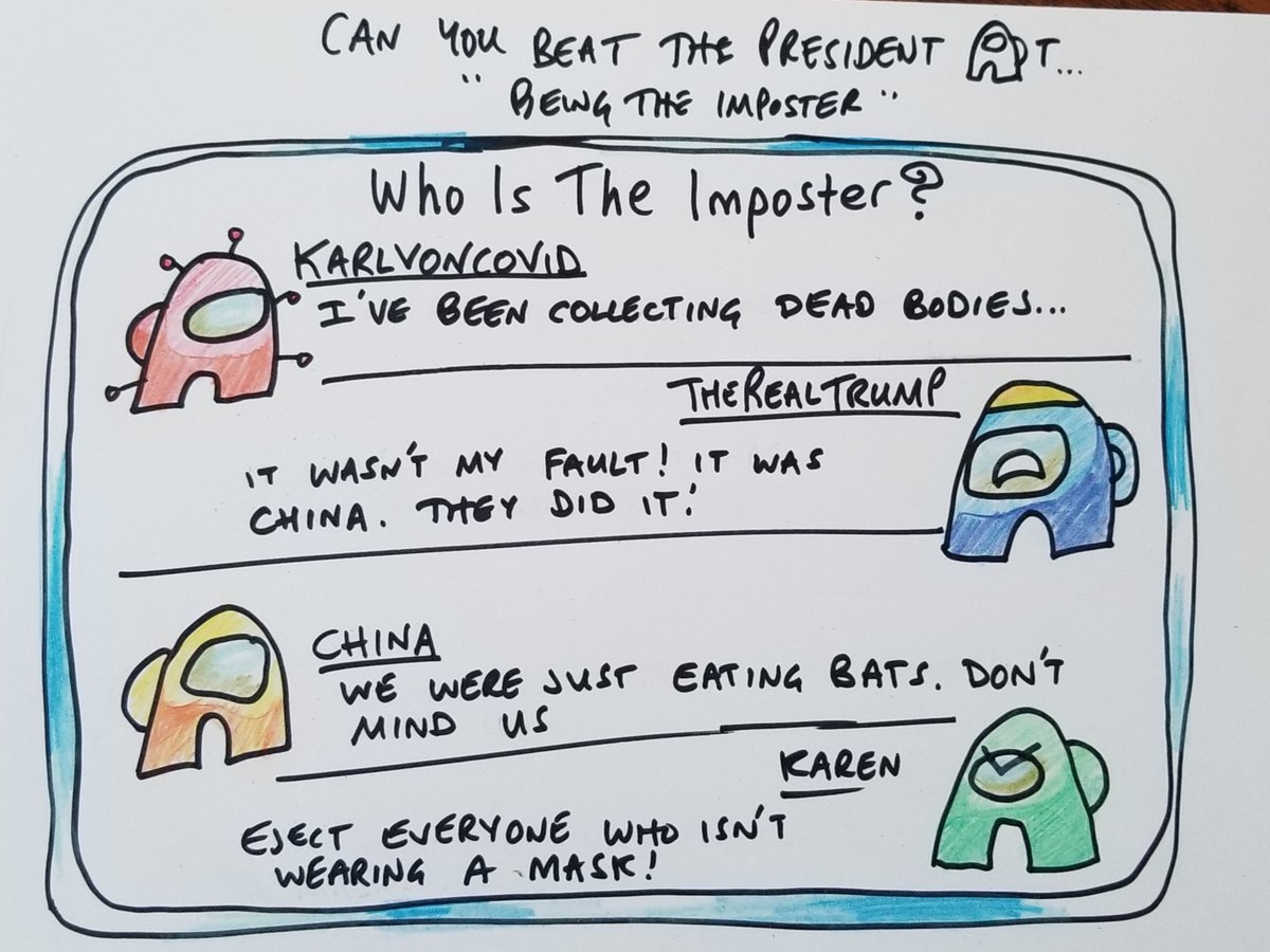 Cartoonsbyandy's tweet photo. Can You Beat The President At ... "being the imposter"

For my kids who are playing among us at the moment

#amongus #sus 
#CartoonsByAndy #TrumpCartoons #CanYouBeatThePresidentAt #PoliticalSatire #PoliticalHumor https://t.co/eMjMsYwlQF