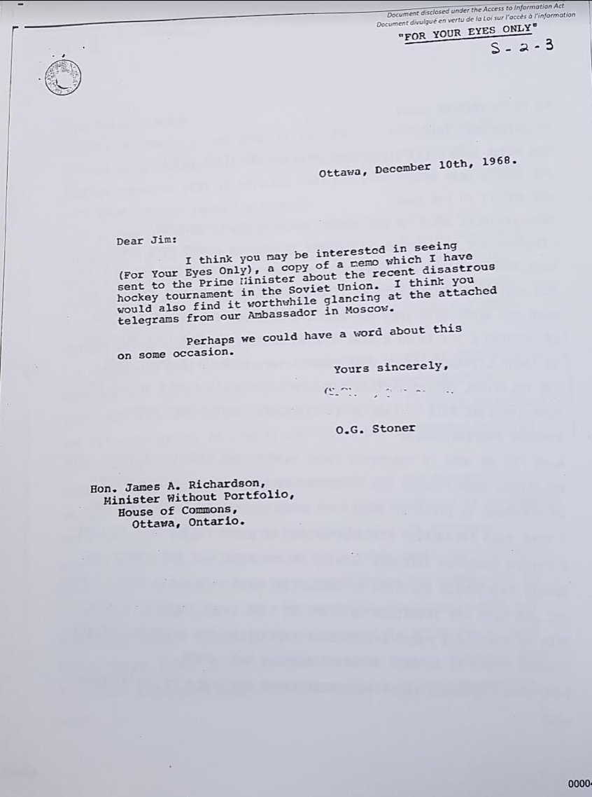 Documents detail Canadian PM Pierre Trudeau in 1968 was given “for your eyes only” briefing about struggles of CDN teams to beat Soviets. “Simple question of sending a boy to do a mans work,” Secretary to federal cabinet OG Stoner wrote to PM.