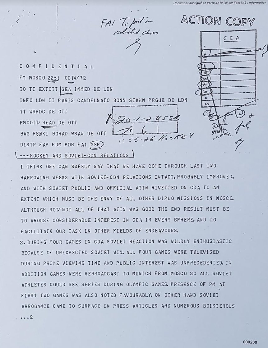 Canadian ambassador RAD Ford wrote the PMO in an Oct. 4, 1972 letter that Soviet-Canadian relations had been improved by the Summit Series and that Soviets had been “riveted on Canada to an extent which must be the envy of all other diplo missions in Mosco.”