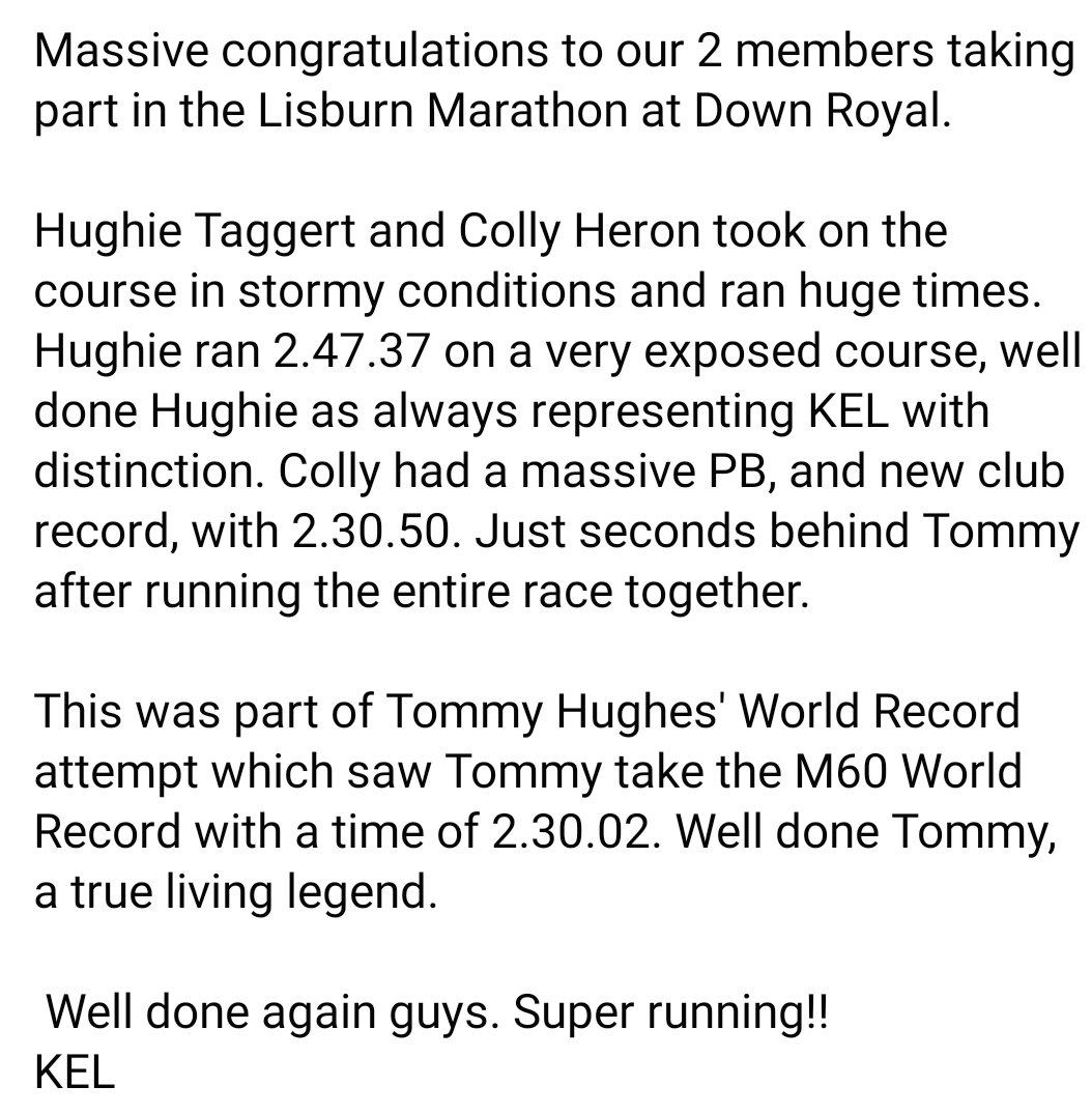 KeepErLit5's tweet photo. Well done Hughie and Colly in Down Royal today. Two fantastic times for the lads representing the club in one of the very few official Marathons in 2020. https://t.co/rWWJTiWPf3