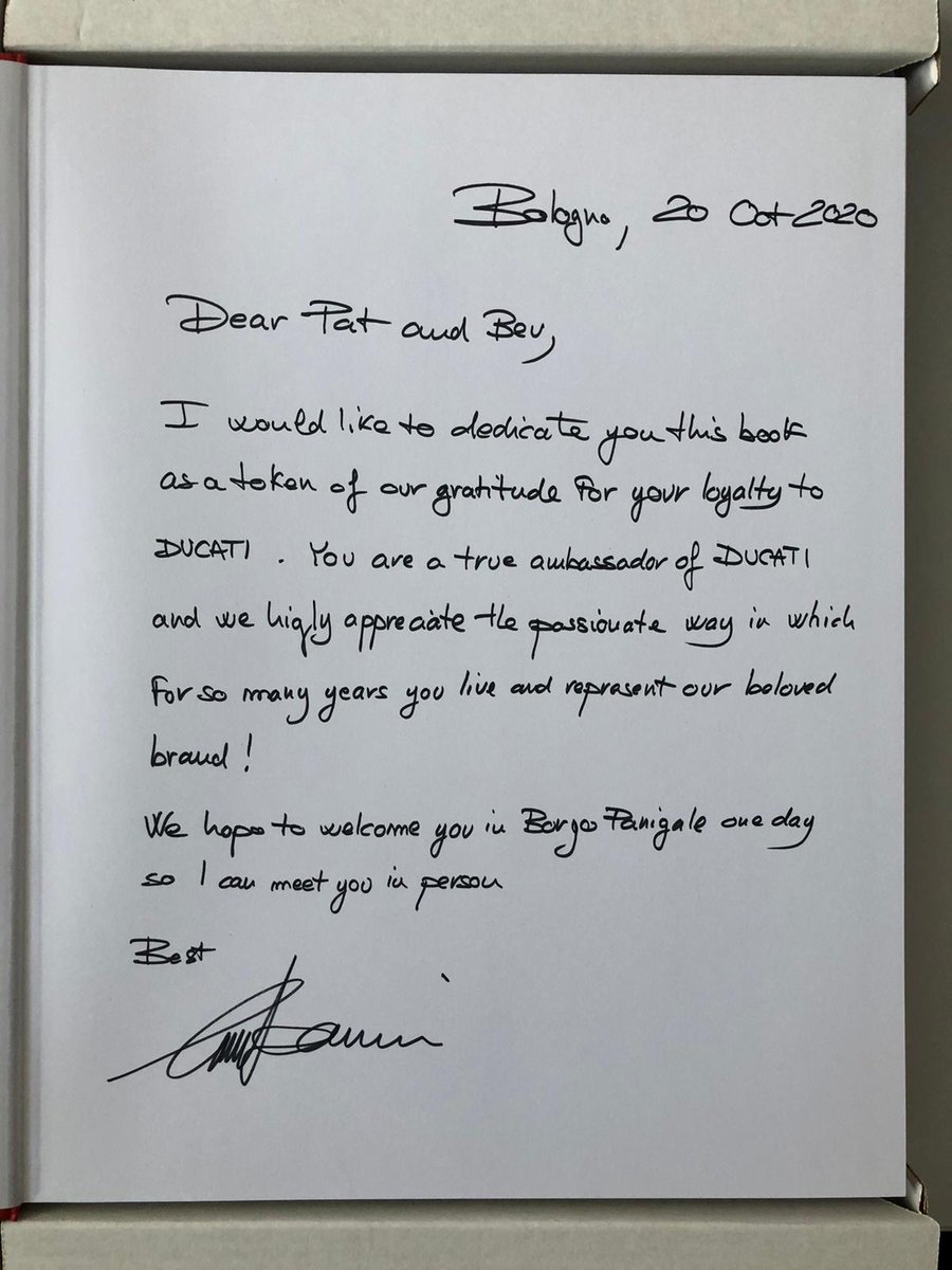 Gifts don't get much better than this...

This week, our friends, Pat &amp; Bev, received a copy of Style Ducati sent directly from the <a href="/DucatiMotor/">Ducati</a>  factory in Borgo Panigale with a hand written note from <a href="/domenicaliC/">Claudio Domenicali</a> in recognition of their dedication to the brand.

Congratulations