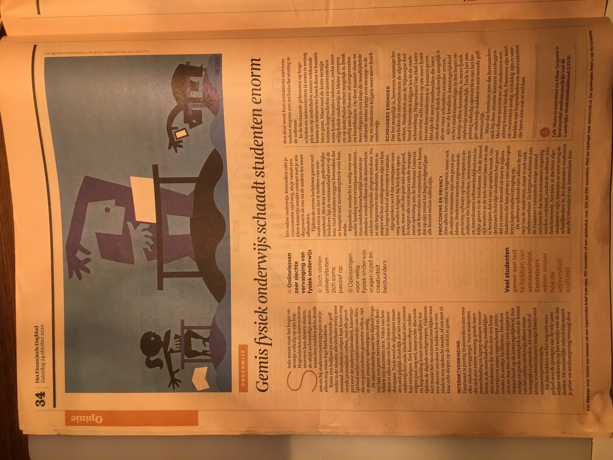 Het geven en volgen van #online #onderwijs is geen sinecure. Om vervreemding te voorkomen en kansen ongelijkheid tegen te gaan, is het een zaak van alle creatieve schouders eronder. Zie opinie artikelen in <a href="/Folia/">Folia</a> en <a href="/FD_Nieuws/">FD Nieuws</a>