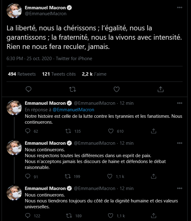 #Boycott : "Rien ne nous fera reculer, jamais", dit Emmanuel Macron dans une série de tweets.  #boycottfranceproducts