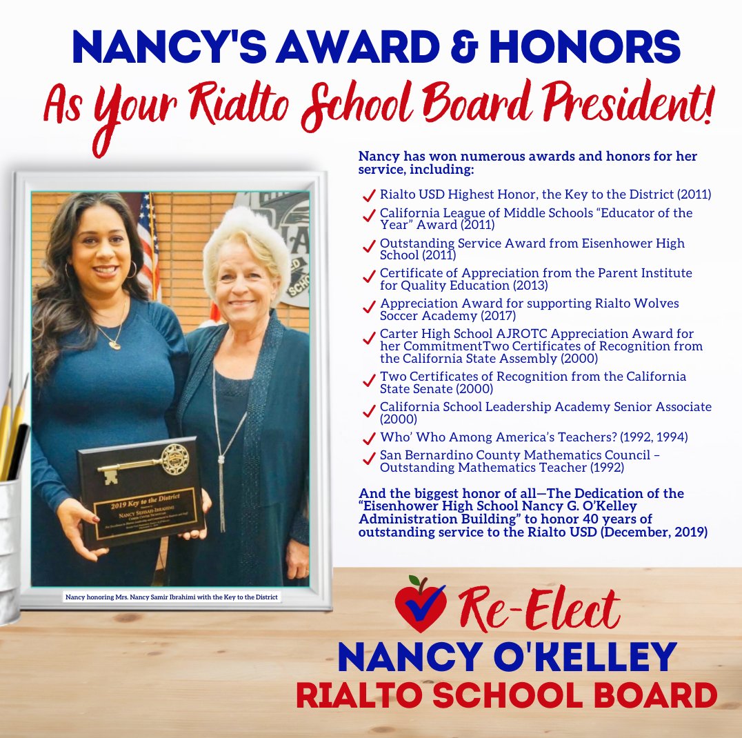 Nancy has won numerous awards for her service, including her biggest honor of all—the dedication of the “Eisenhower High School Nancy G. O’Kelley Administration Building” to honor 40 years of service to the Rialto USD! Re-Elect Nancy O'Kelley to Rialto School Board on Nov. 3!