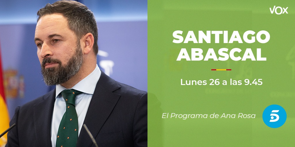 vox_es's tweet photo. 📺 Este lunes a las 9:45, entrevista a @Santi_ABASCAL en @elprogramadear.

📡 Puedes seguirlo aquí en directo: https://t.co/F0GK7Vc0lX

¡No te lo pierdas! https://t.co/etD5dA11rx