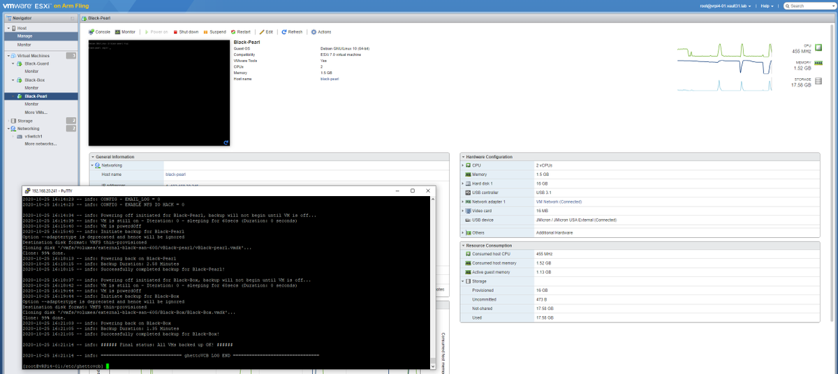 Raymonades's tweet photo. Migration of some rpi to vm on a 4 GB Rpi4 with @esxi_arm is done!
Installation of Open-vm-tools and GhettoVCB script for backup complete!
Everything works like a charm thanks to @esxi_arm and @vGhetto!
Thinking to migrate to an 8 GB version soon ! https://t.co/XbJQpnm1ZC