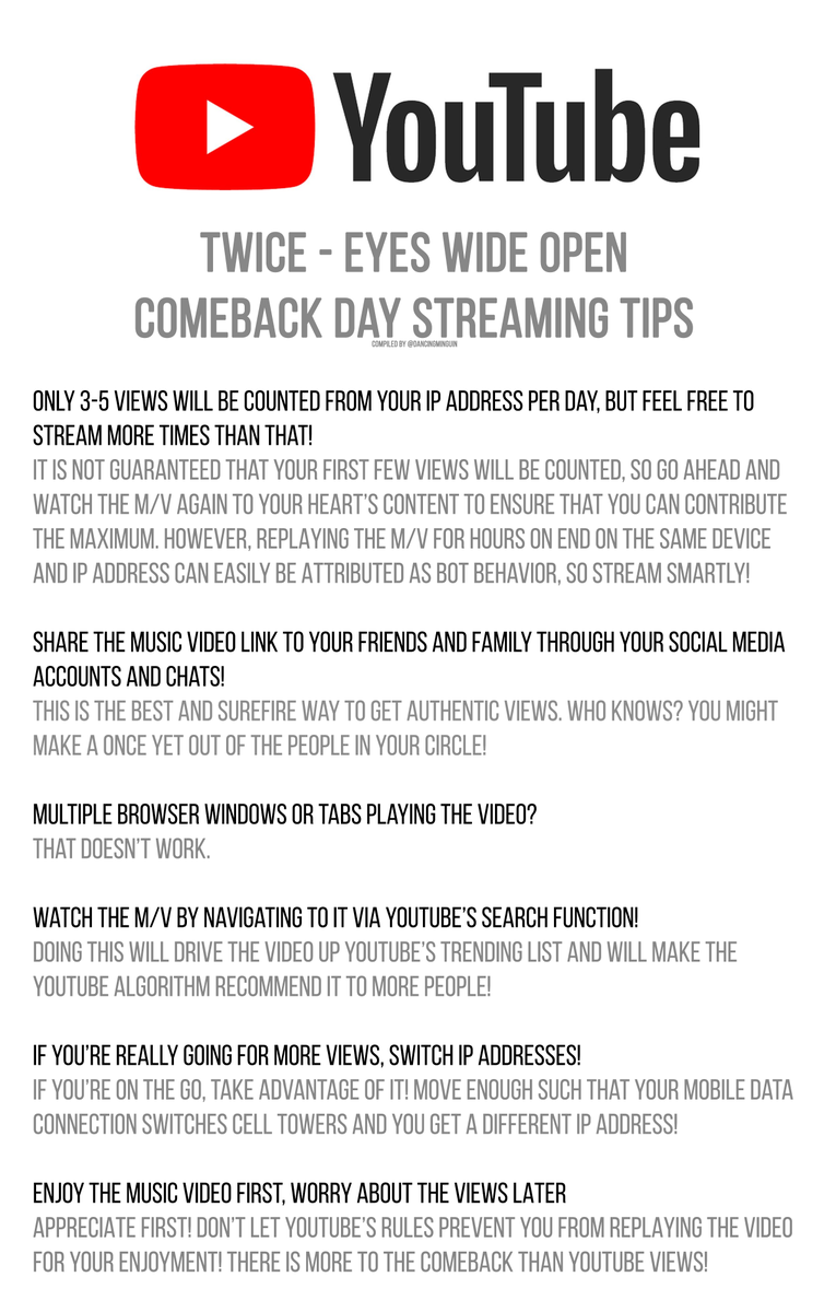 Onces! It's comeback day!

Here's a short list of reminders for all of us who will be eagerly awaiting for TWICe's 2nd full album to be released! With these, I hope we all have an enjoyable comeback experience supporting our girls!

<a href="/JYPETWICE/">TWICE</a> #EyesWideOpen #ICANTSTOPME