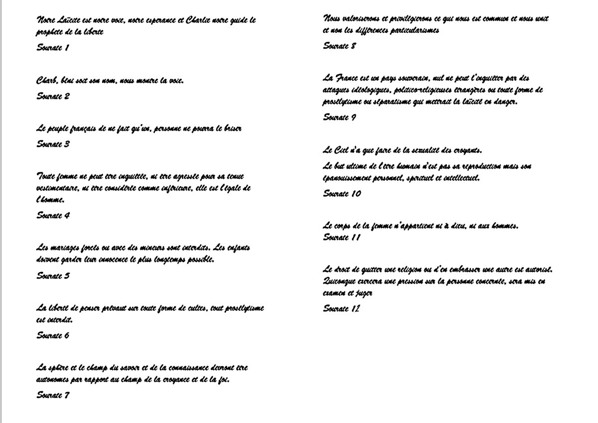 amrenaudie's tweet photo. @Obscurantophob1 @SardineDeMars @FC_Julianus @ProfTournesol2 @liberte_lily @Charlie_Hebdo_ @JeanMessiha @ZemmourEric @ZinebElRhazoui @DamienRieu @EricNaulleau @MaceScaron @MichelOnfrayTv @PascalPraud @ELevyCauseur @ivanrioufol @SoMabrouk @christine_kelly Voilà une première mise en page, avant mise en forme définitive, si vous avez d'autres idées. https://t.co/KBAjCXItfp