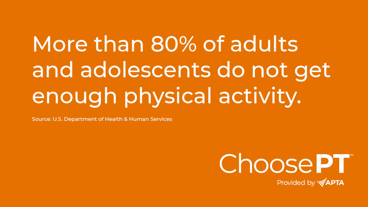 #DYK? More than 80% of adults and adolescents do not get enough physical activity. #ChoosePT https://t.co/SccR8HR27z