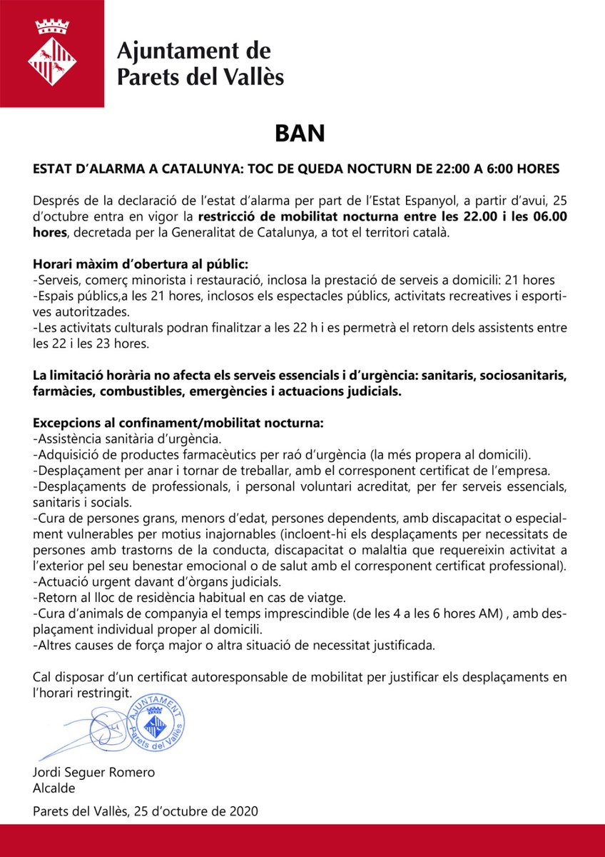 #BANAlcaldia sobre l'estat d'alarma a Catalunya i el toc de queda nocturn des d'avui 25 d'octubre.
❗ Resten prohibits TOTS els desplaçaments i la circulació per les vies públiques entre les 22.00 i les 06.00 hores.
#Parets #Covid19 #Transparència https://t.co/yfSAH1beTm