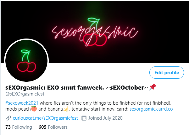 sEXOrgasmicfest's tweet photo. Thank you cheries for 600 followers. 🍒🥺 We hope #sEXOctober is treating everyone well. We will soon be kicking off our fanweek event with theme reveal week. 

With lots of Love, Smoothie™ Mods 🍑🍌 https://t.co/fz3UQrxnme