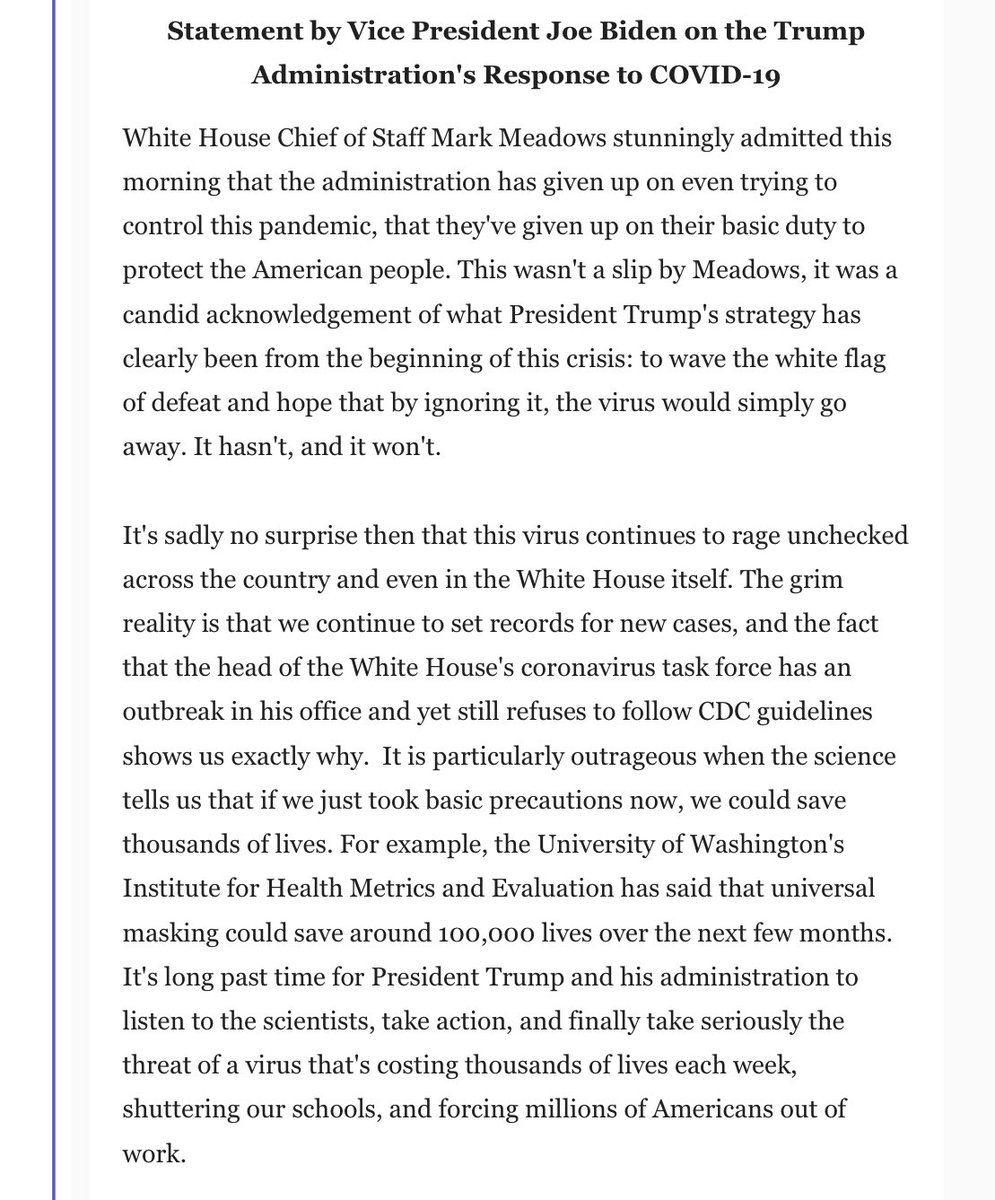Yamiche's tweet photo. And now Joe Biden says this: “White House Chief of Staff Mark Meadows stunningly admitted this morning that the administration has given up on even trying to control this pandemic, that they've given up on their basic duty to protect the American people.” https://t.co/ETytBw7FJ8