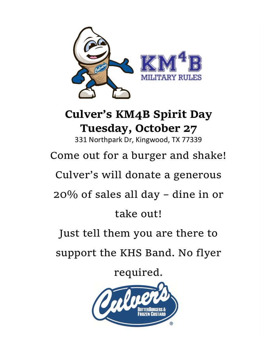 Happy Sunday Band Family! Meal planning for the week? Mark your calendar for spirit night at Culver’s on Tuesday.  See? No Sunday Scaries....we already planned one for you!!