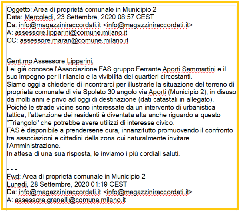Abbiamo perso il conto delle richieste di parlare con <a href="/ComuneMI/">Comune di Milano</a>  del "triangolo" di terreno comunale in disuso di via Popoli Uniti/Aporti.
TRENTA GIORNI FA l'ultima mail agli assessori <a href="/llipparini/">Lorenzo Lipparini</a>  <a href="/PierMaran/">Pierfrancesco Maran MEP</a> <a href="/MarcoGranelliMI/">Marco Granelli</a>: silenzio.
Aiutateci a sollecitare...
Grazie !!!