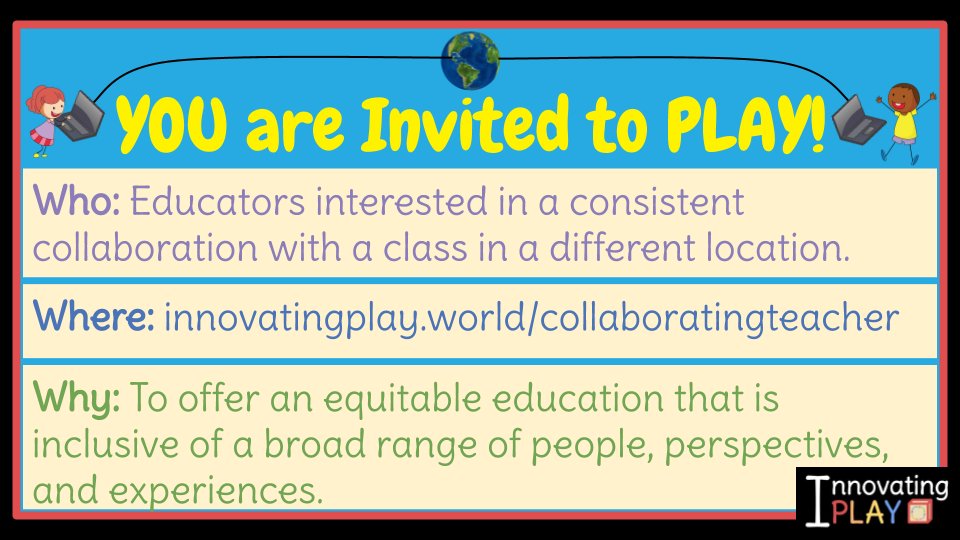 Ever consider exploring a consistent collaboration w/ another class in a different location? <a href="/jlabar2me/">Jessica Twomey</a> &amp; I wrote a post about finding a collaborating T! innovatingplay.world/finding-a-coll… 

✅out this spreadsheet if you're interested! innovatingplay.world/collaboratingt…

#InnovatingPlay #gafe4littles