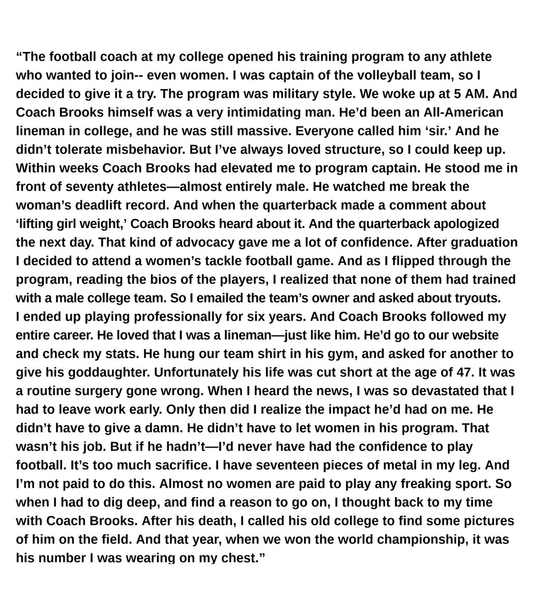 humansofny's tweet photo. “The football coach at my college opened his training program to any athlete who wanted to join-- even women. I was captain of the volleyball team, so I decided to give it a try..." https://t.co/4GxMNXEL2E