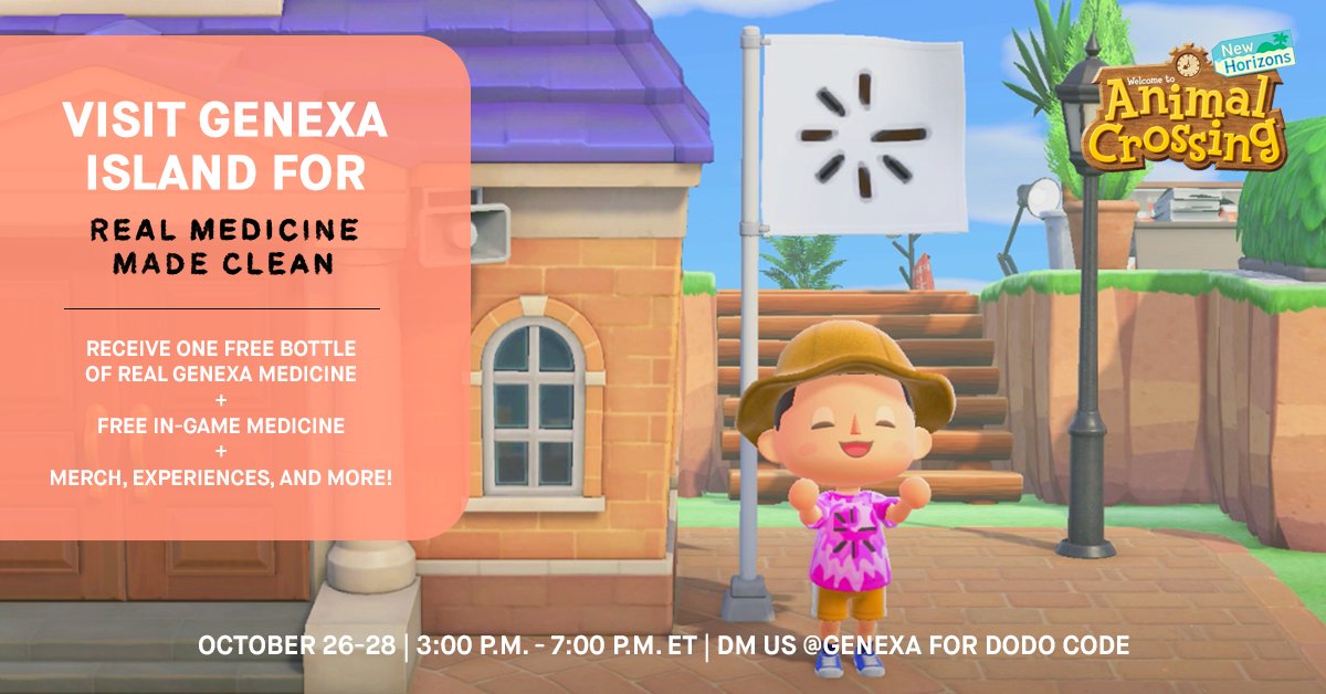 Genexa's tweet photo. Join us this week for a guided visit of Genexa Island in #AnimalCrossingNewHorizons where you can receive t-shirts, tote bags, 300 Nook Mile Tickets, and clean medicine (in-game and in real life). DM us with #GenexaDODO to schedule your visit! https://t.co/Zzayo6hri8