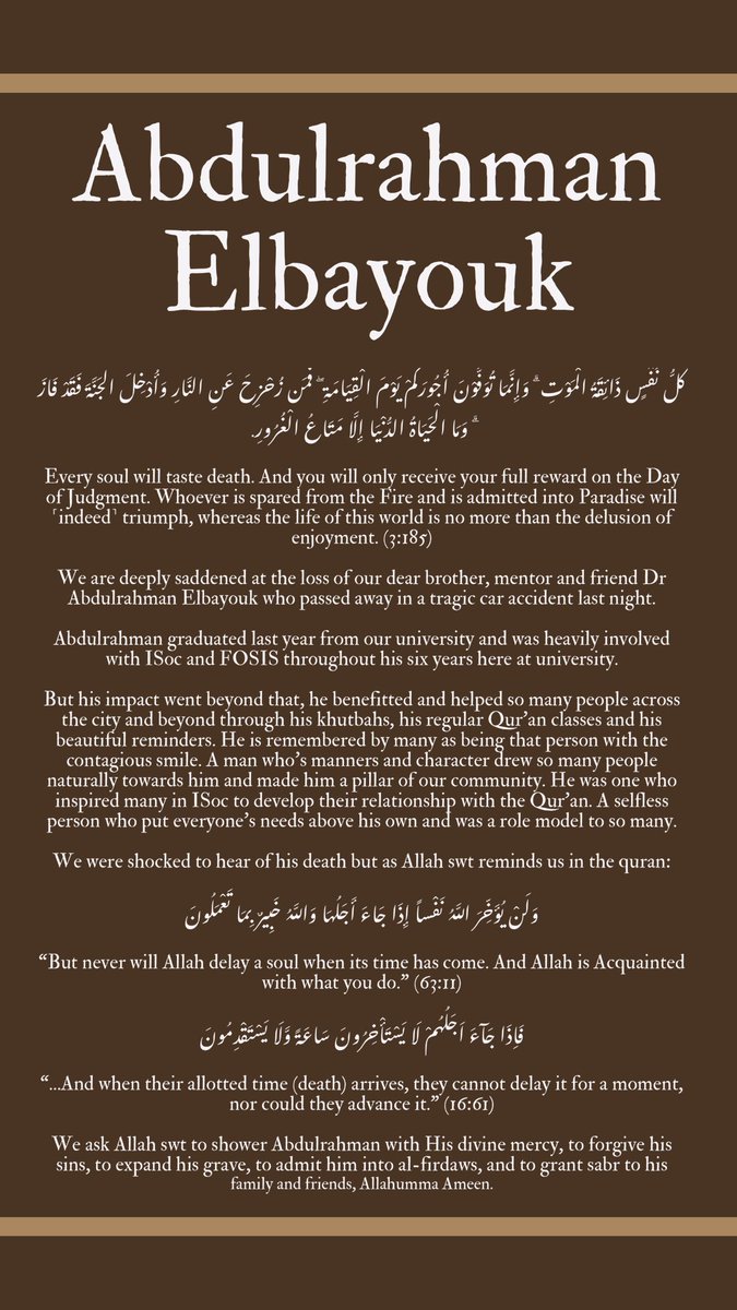ManchesterISOC's tweet photo. إِنَّا لِلّهِ وَإِنَّـا إِلَيْهِ رَاجِعونَ

Please watch his reminder below from a few months ago in the hope that it is a sadaqa jarriya for him inshallah! 🤍 @a_elbayouk 

https://t.co/56R6HHICMG https://t.co/hcoZfwHQY8