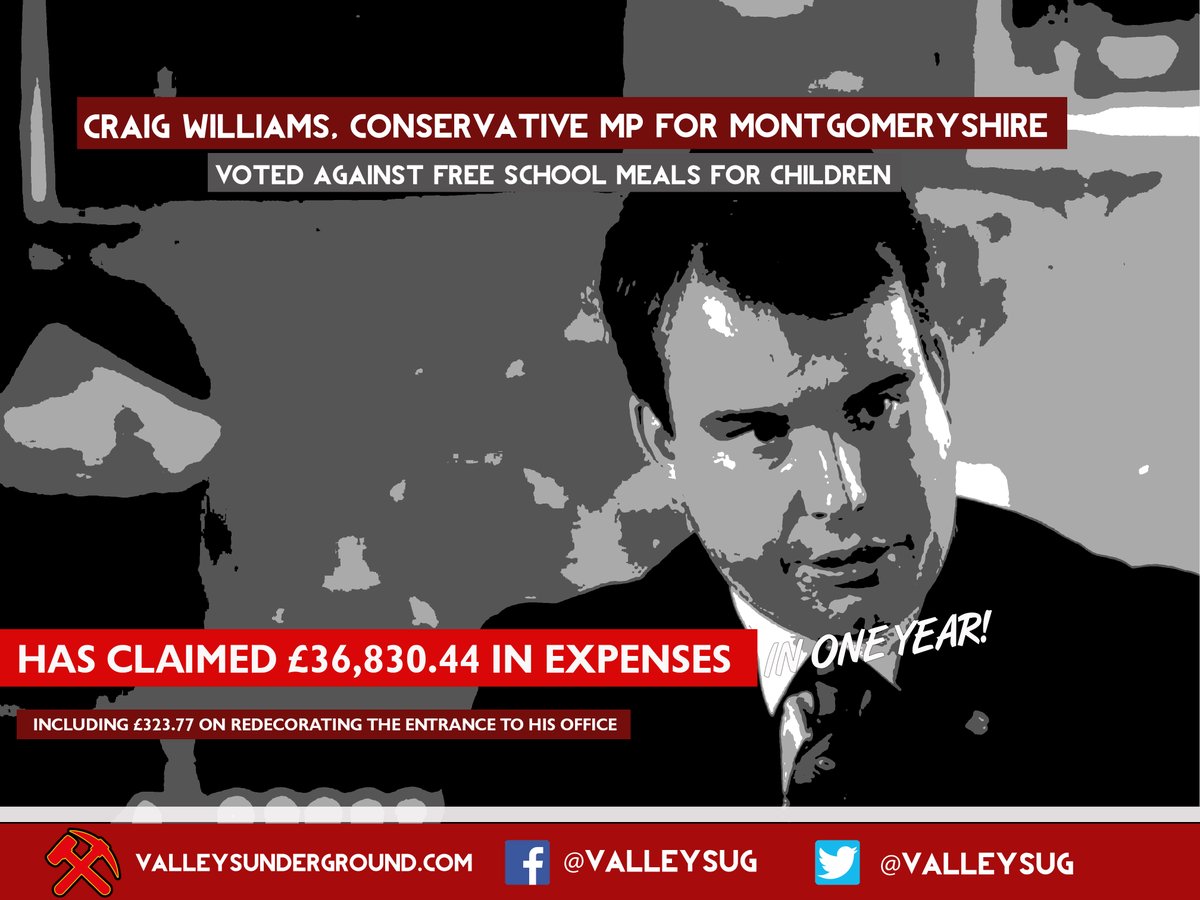 WelshUGN's tweet photo. 🚨13 Welsh Conservative MPs voted against free school meals last week. 

📢So in honour of them, for the next 13 days, we'll take a look at how much money WE are paying to each of these 12 per-year.

13 and final)  Craig Williams MP for Montgomeryshire (@craig4monty) https://t.co/1QfjjNyunW