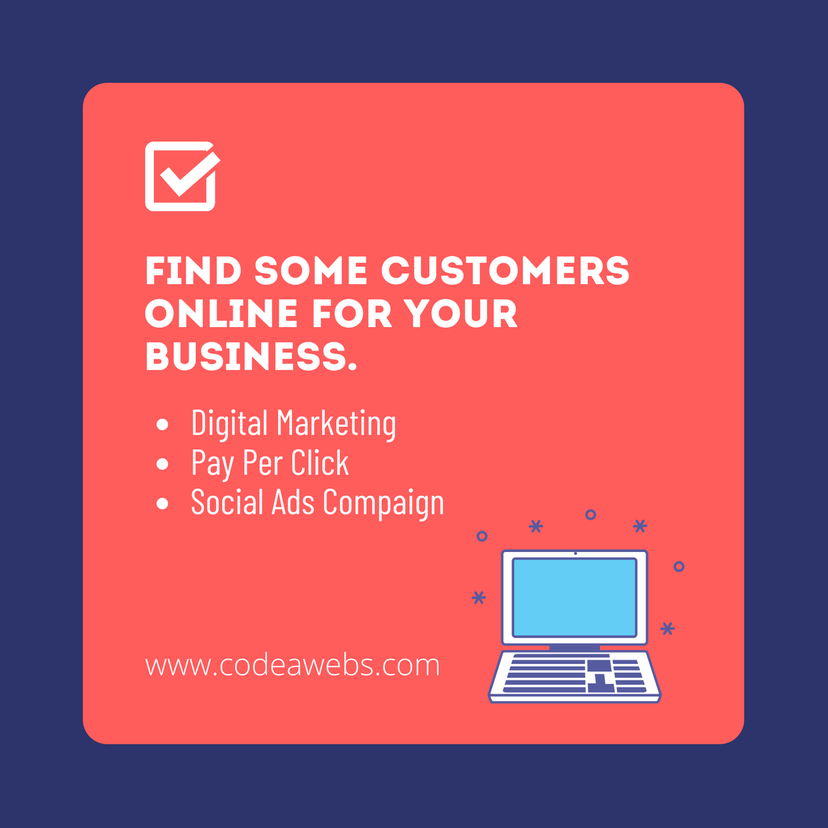 codeawebs's tweet photo. You want to find more customers online for your business? Don't Worry! We are here to help you!
Send us a message for best solutions around the globe.
#codeawebs #codeaweb #webagency #website #webdesign #digitalagency #digitalmarketing #payperclick #googleads #socialmediamarket https://t.co/LUL8FqUsu0