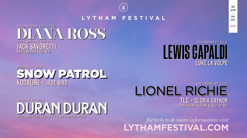 LythamFestival's tweet image. HERE IT IS… your Lytham Festival 2021 line-up! Joining us on The Green next summer: @DianaRoss, @LewisCapaldi, @snowpatrol, @LionelRichie and @duranduran! 🤩
5-day passes on sale NOW 👉🏻 LythamFestival.com 🎉
